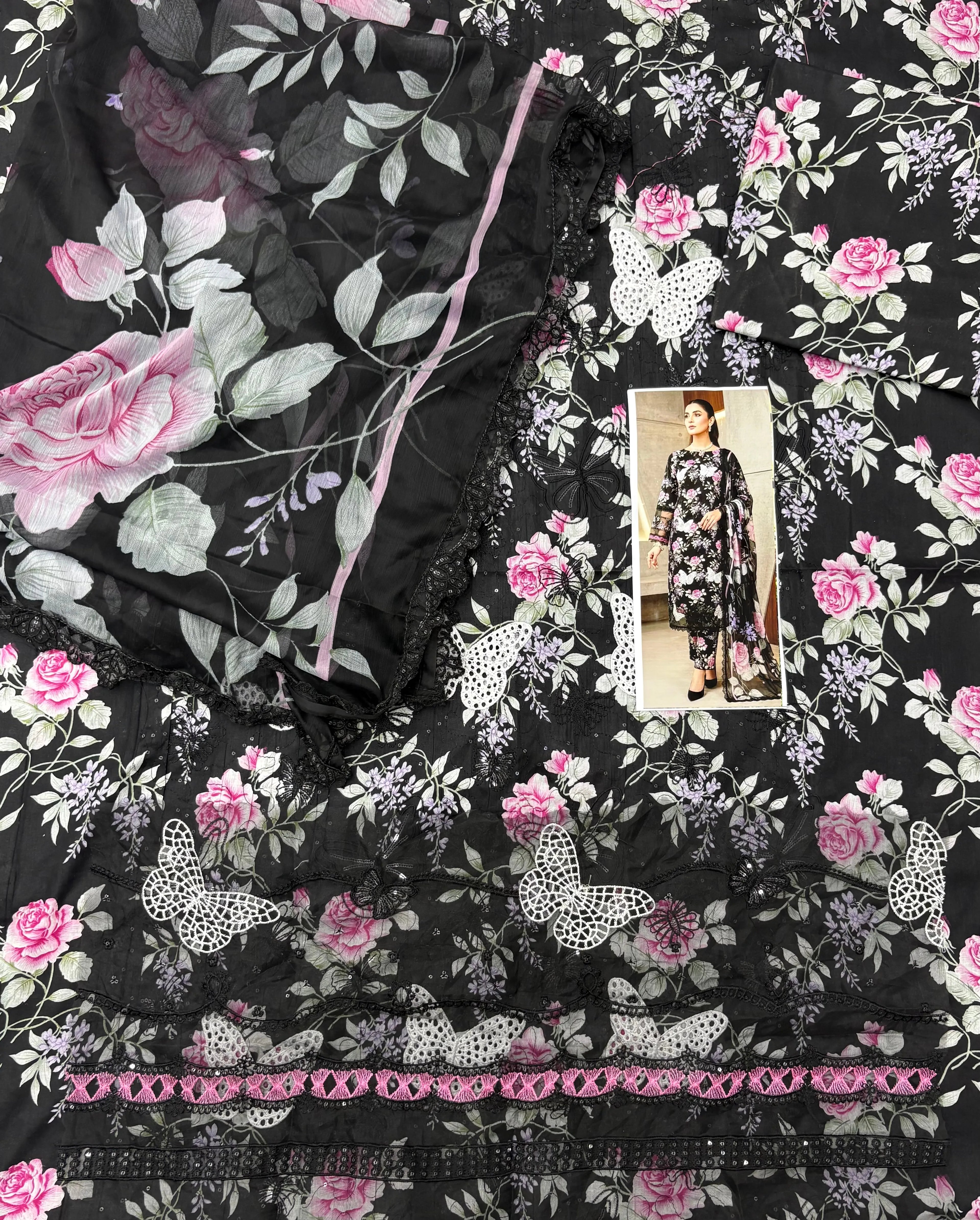 Maria B – Noir Butterfly Blossom Printed Lawn 3PC