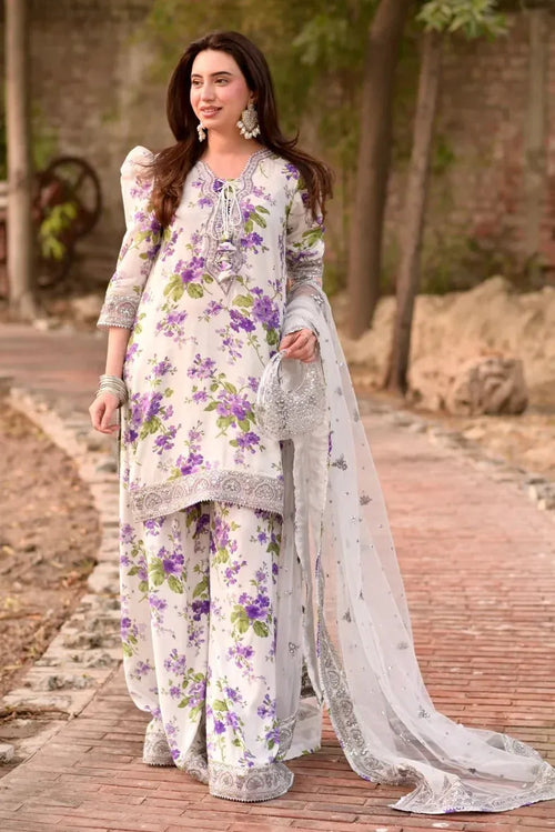 Aneela’s – Lavender Botanical Print with Organza Dupatta – 3PC