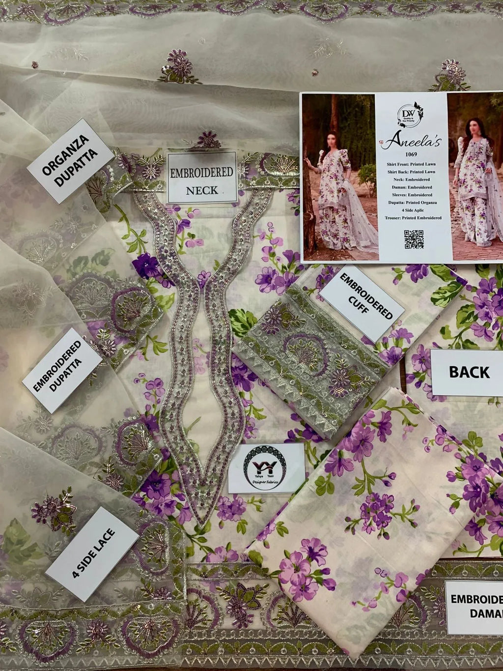 Aneela’s – Lavender Botanical Print with Organza Dupatta – 3PC