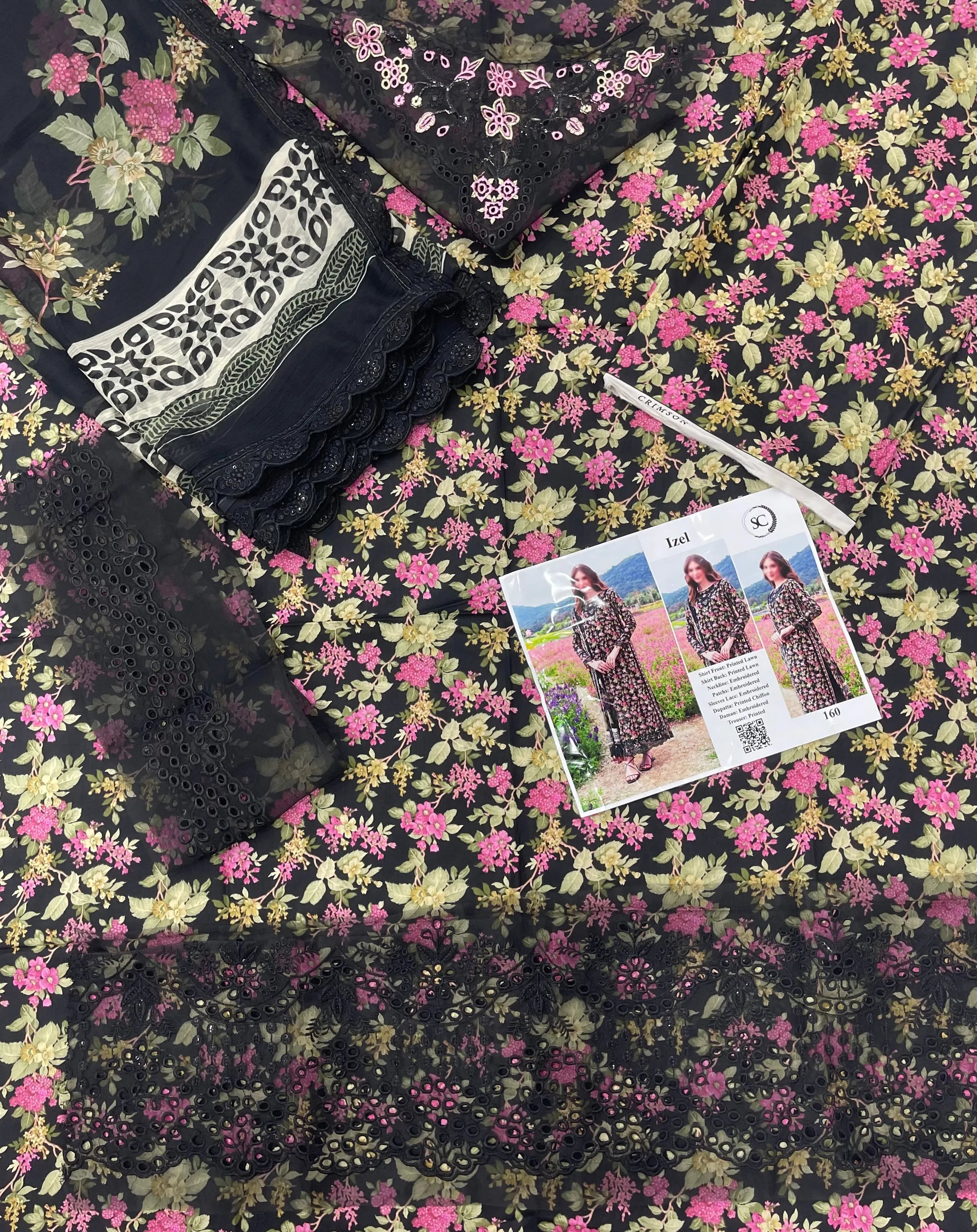 Izel – Noir Blossom Embroidered Lawn – 3PC