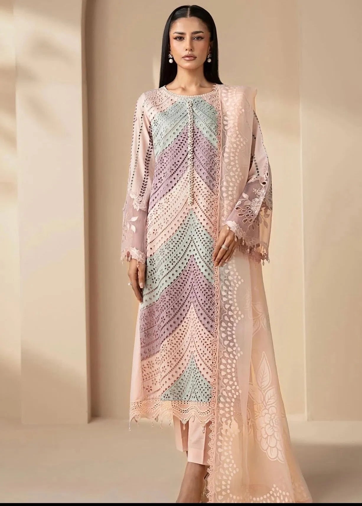 Maria B Inspired Luxury Lawn 3 Piece Suit – Pastel Chevron Embroidered Edition