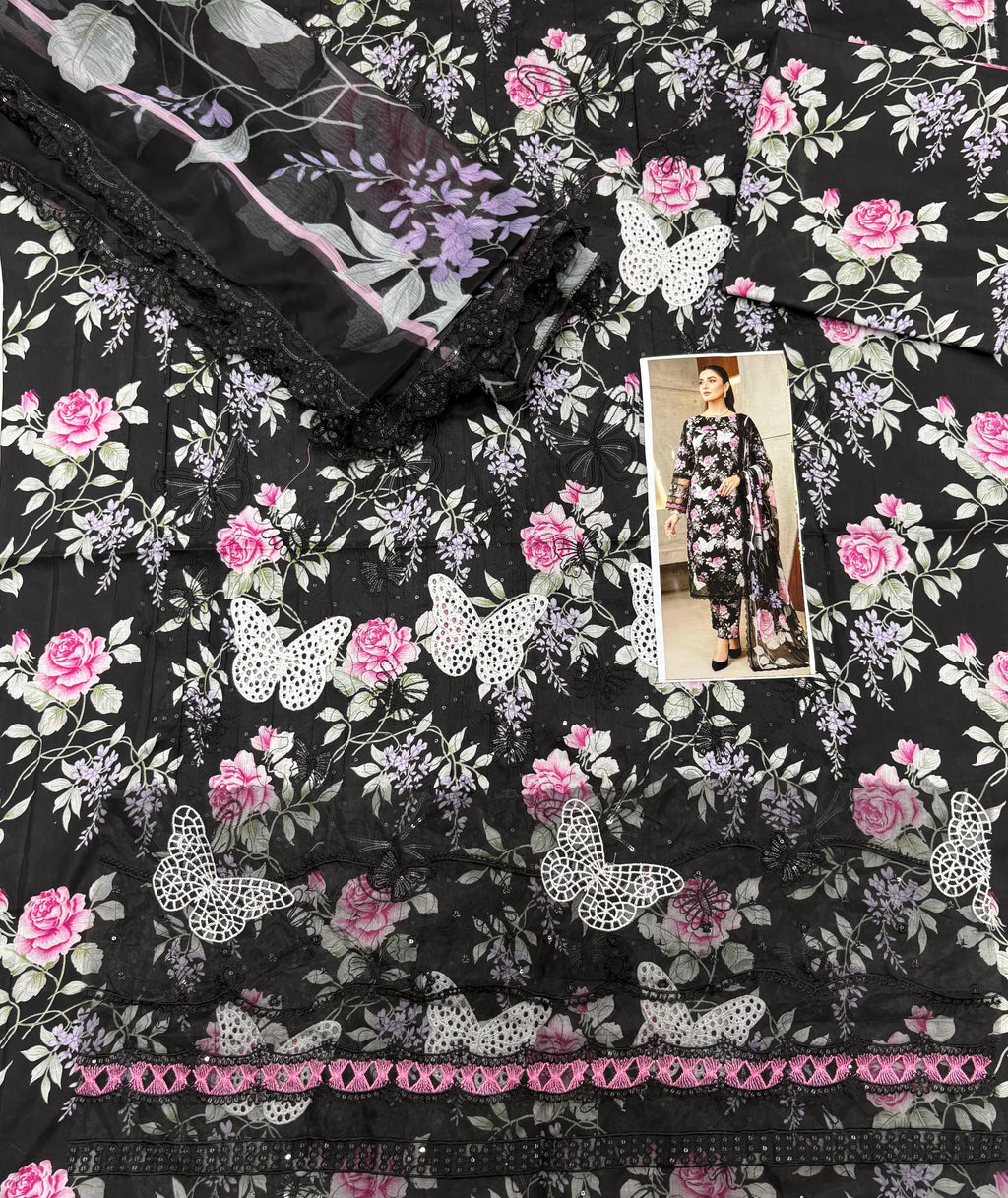 Maria B – Noir Butterfly Blossom Printed Lawn 3PC