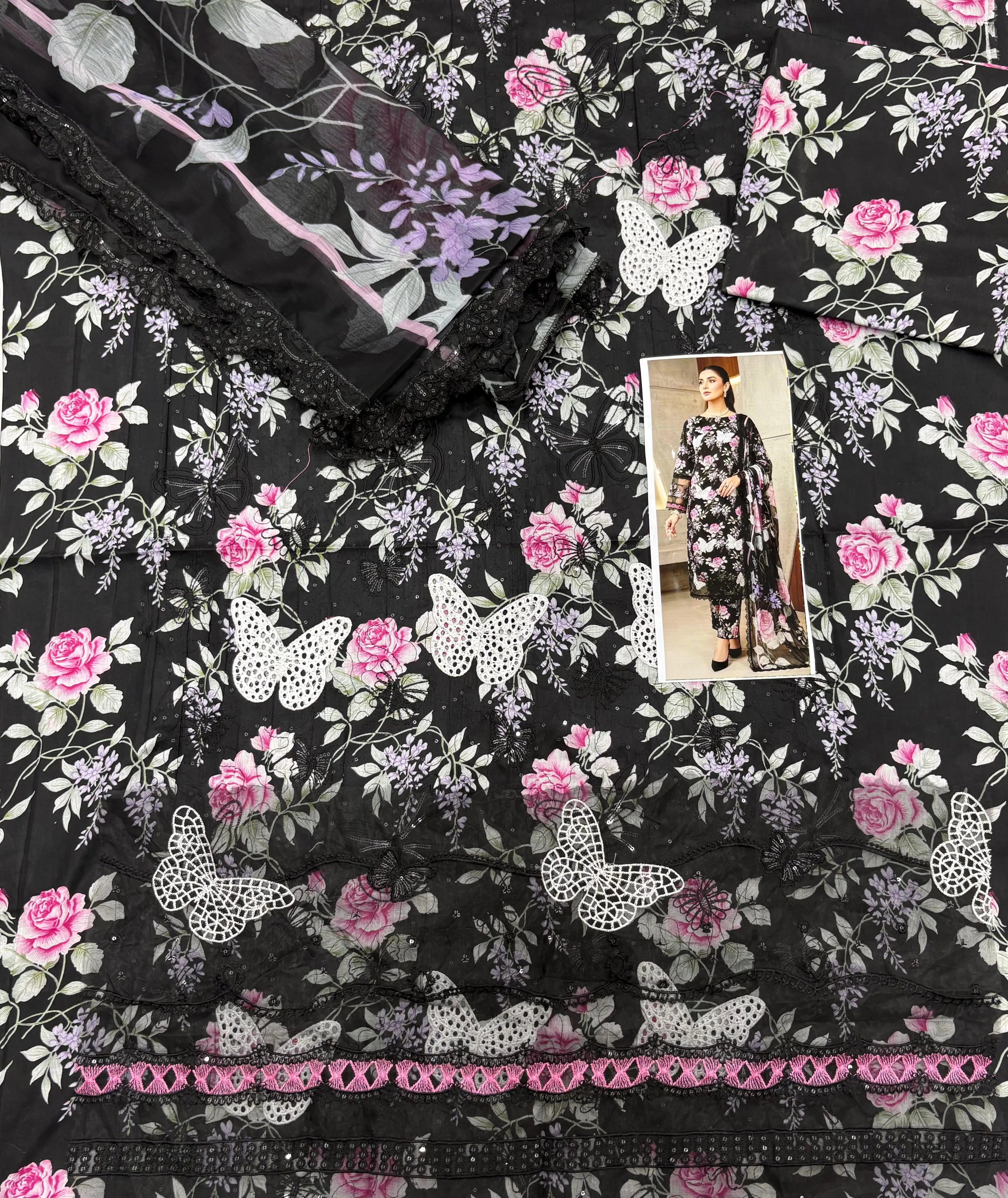 Maria B – Noir Butterfly Blossom Printed Lawn 3PC