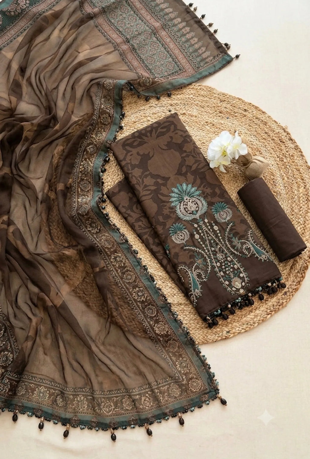 Maria B – Chocolate Brown Premium Cambric with Teal Border – 3PC