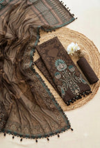 Maria B – Chocolate Brown Premium Cambric with Teal Border – 3PC