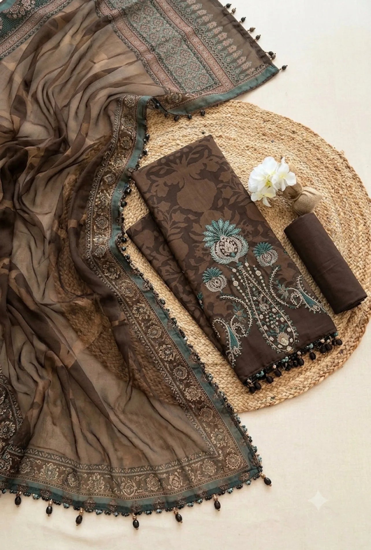 Maria B – Chocolate Brown Premium Cambric with Teal Border – 3PC