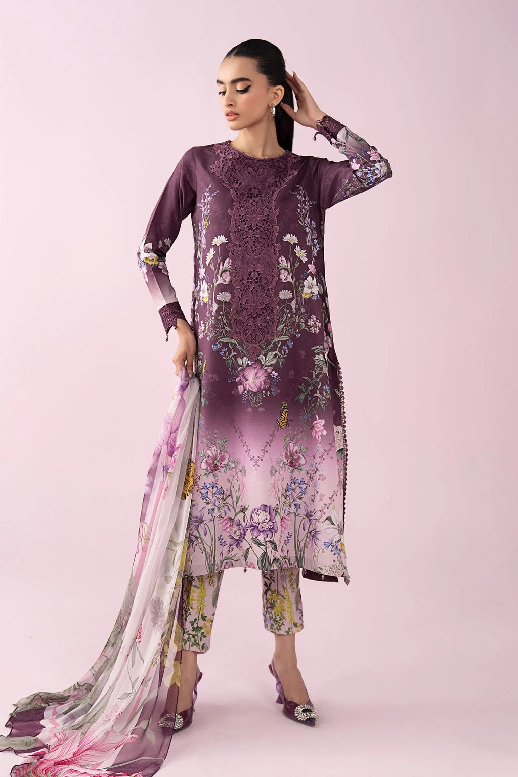 Maria B – Deep Purple Royal Floral Lawn with Cutwork Daman – 3PC