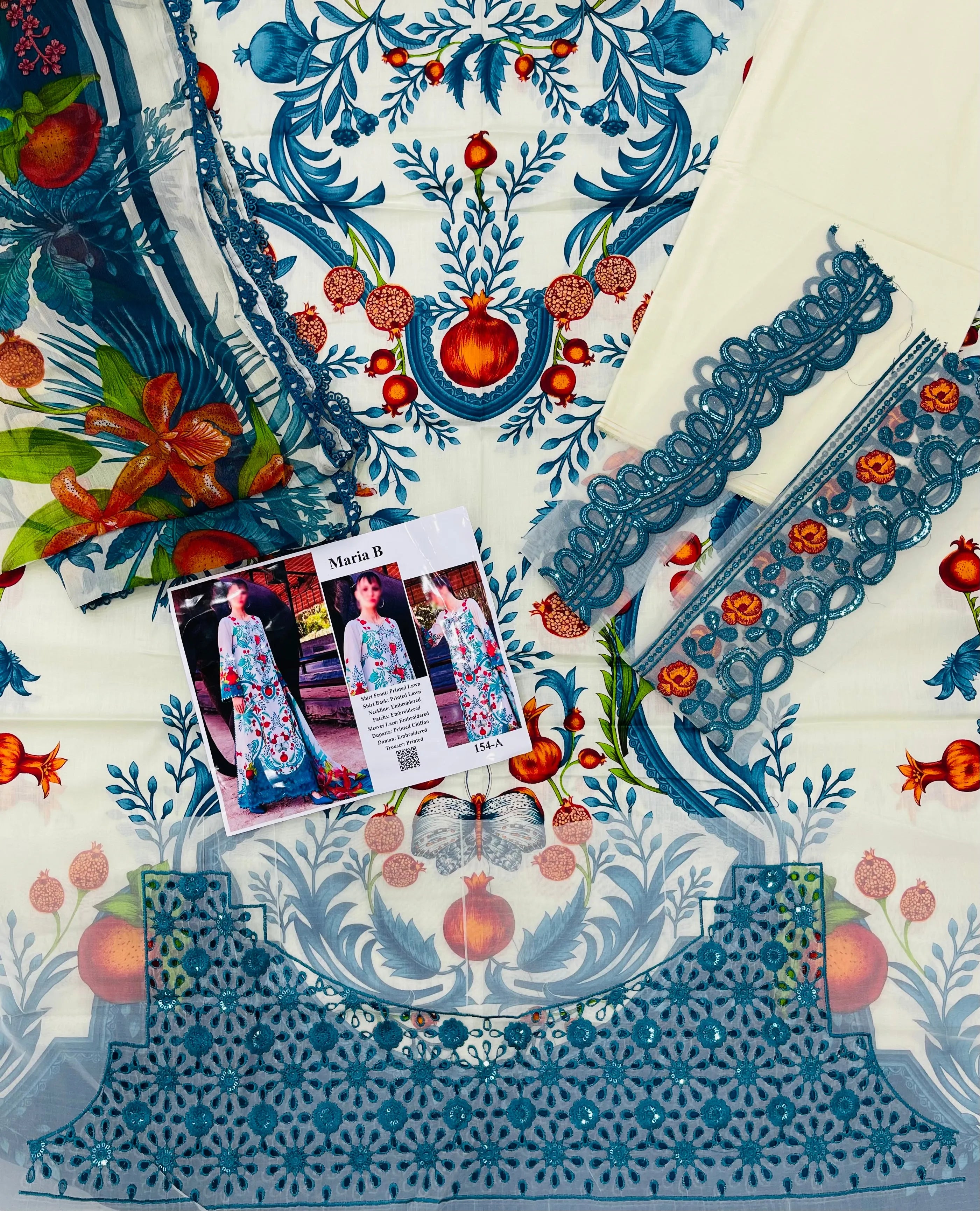 Maria B – Ivory Pomegranate Embroidered Lawn – 3PC