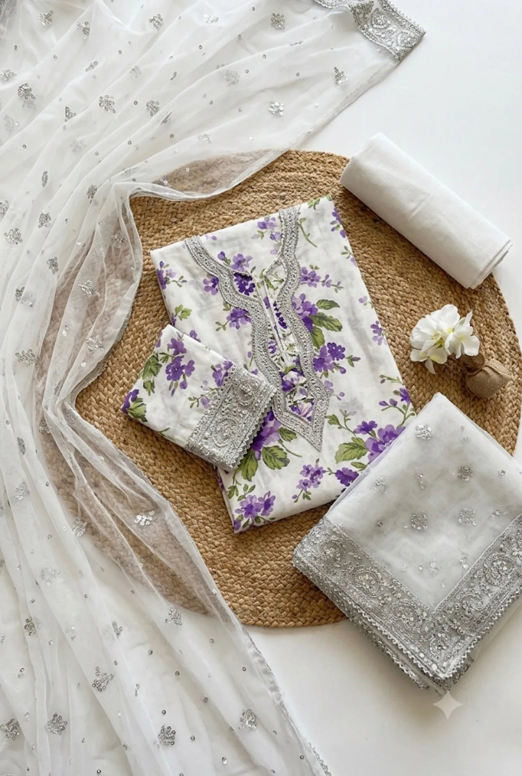 Aneela’s – Lavender Botanical Print with Organza Dupatta – 3PC