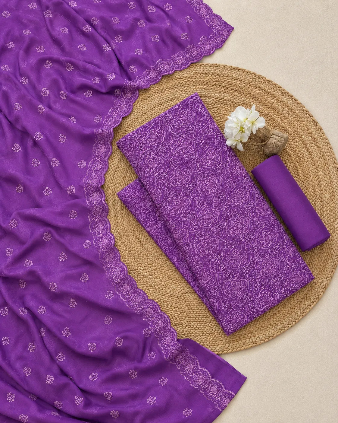 Qadri Arts Purple Chikankari & Schiffli Cutwork 3-Piece Suit