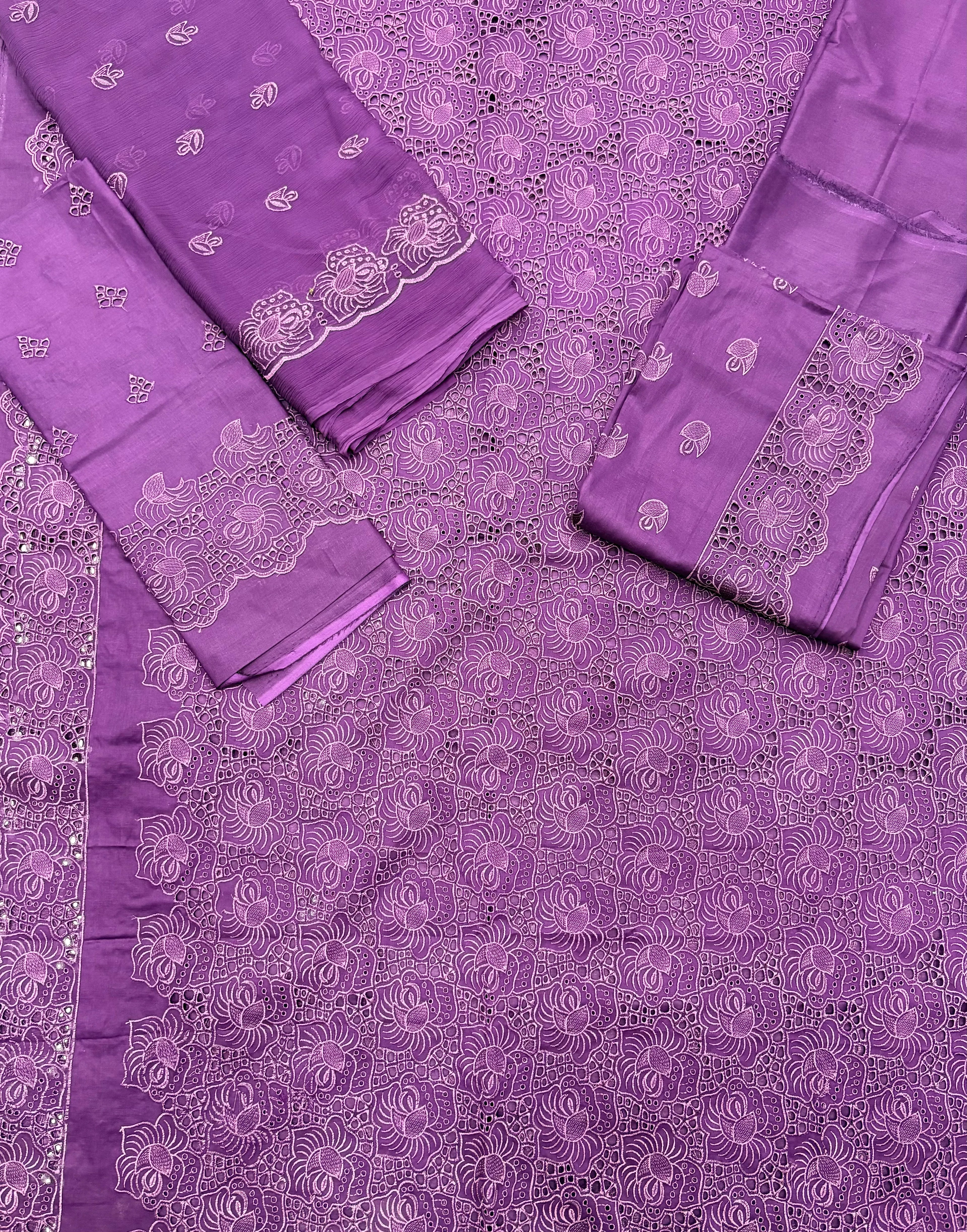 Qadri Arts Purple Chikankari & Schiffli Cutwork 3-Piece Suit