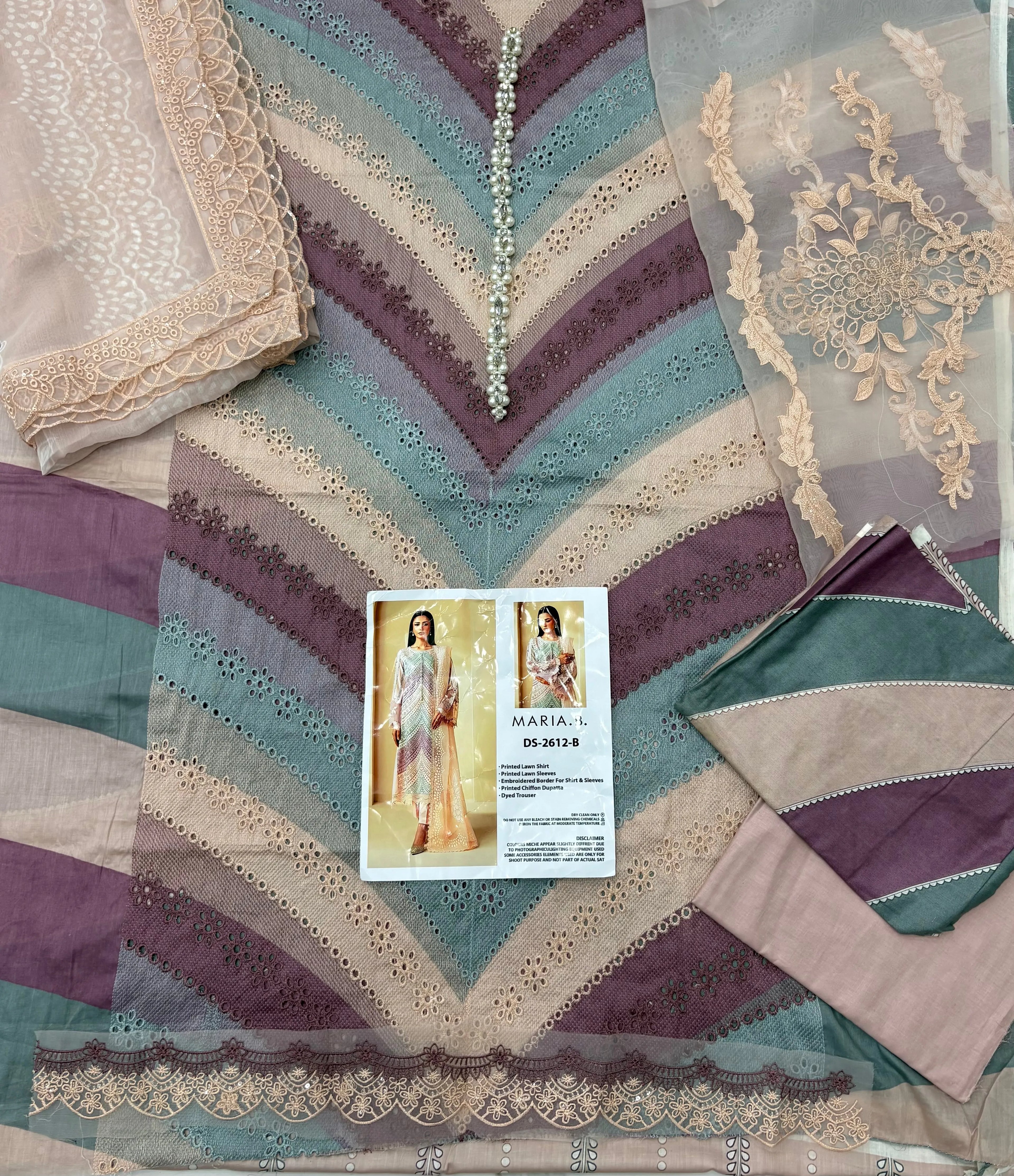 Maria B Inspired Luxury Lawn 3 Piece Suit – Pastel Chevron Embroidered Edition