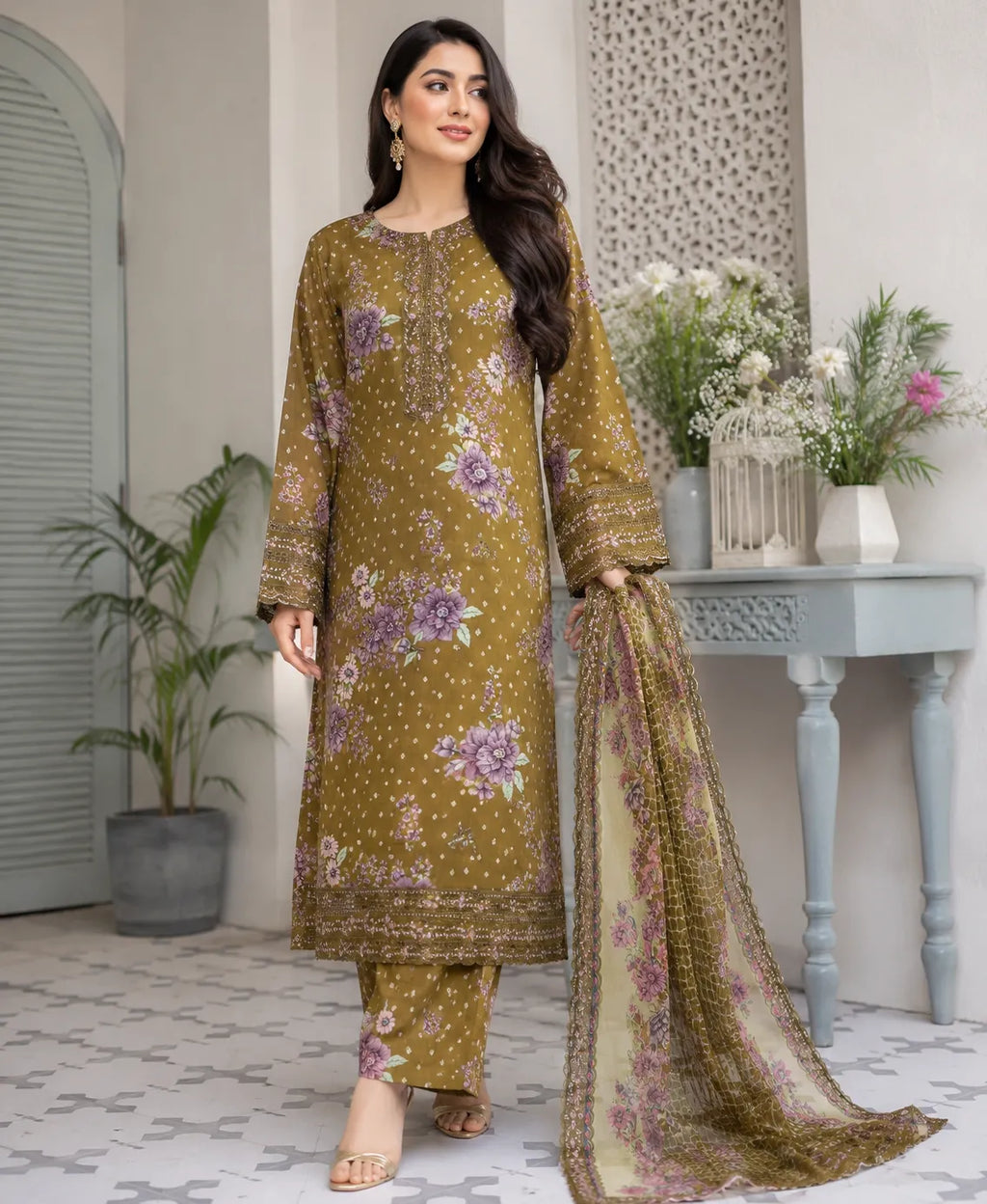 Baroque – Olive Blossom Embroidered Lawn – 3PC