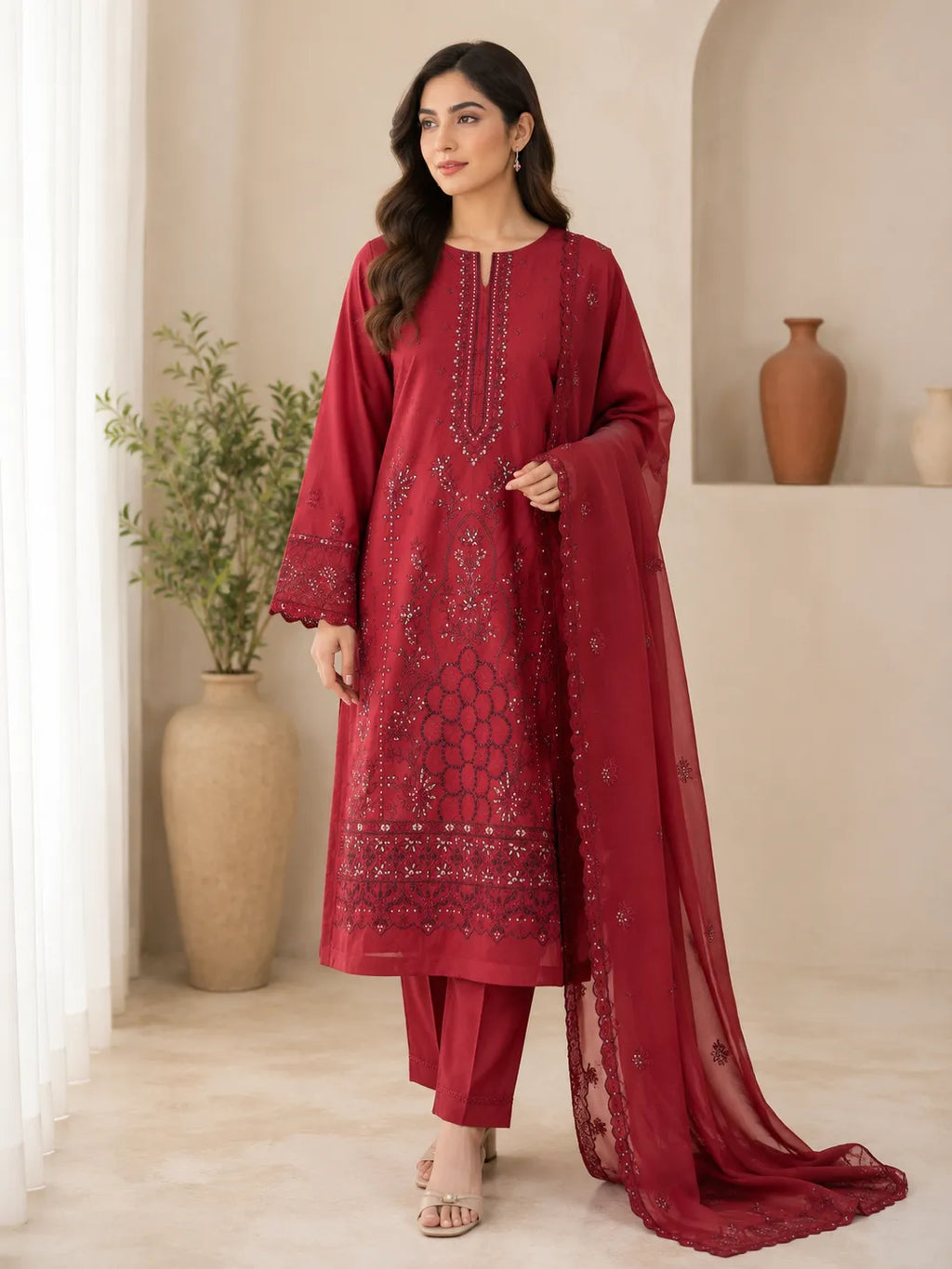 Qadri Arts – Scarlet Majestic Embroidered Lawn – 3PC