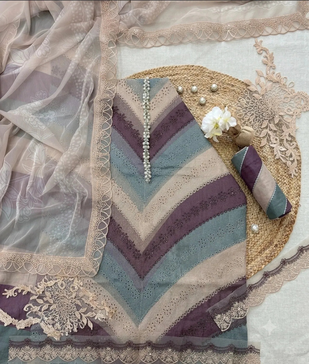 Maria B Inspired Luxury Lawn 3 Piece Suit – Pastel Chevron Embroidered Edition