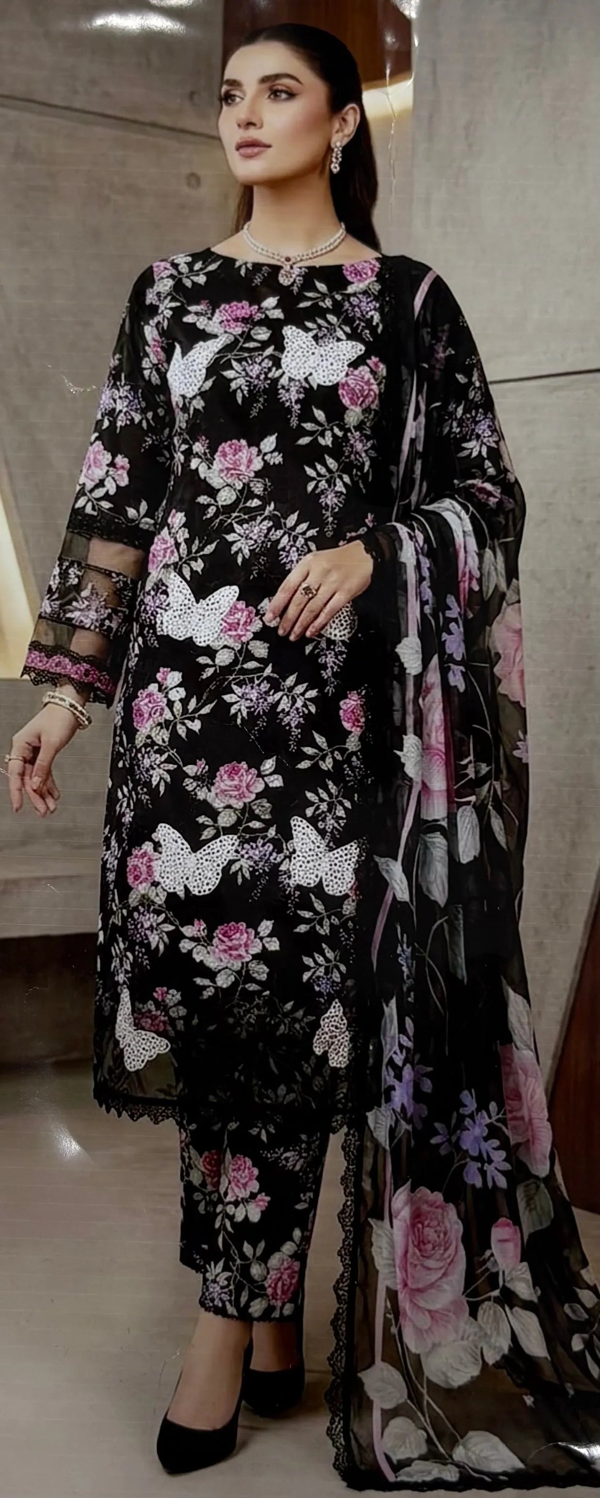 Maria B – Noir Butterfly Blossom Printed Lawn 3PC