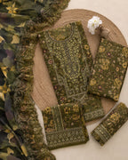 Mohagni – Vintage Olive Green Floral Printed Lawn – 3PC