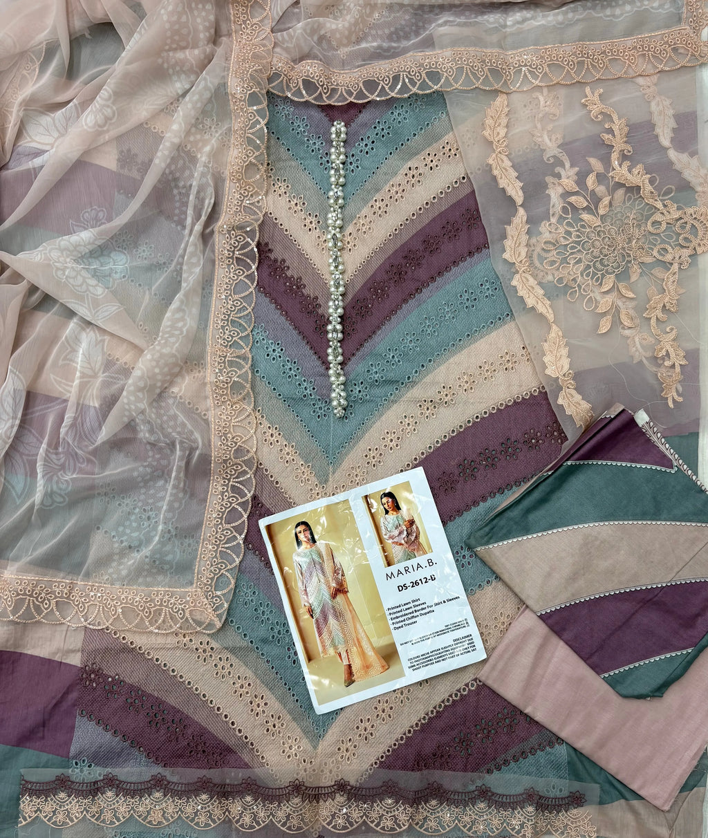Maria B Inspired Luxury Lawn 3 Piece Suit – Pastel Chevron Embroidered Edition