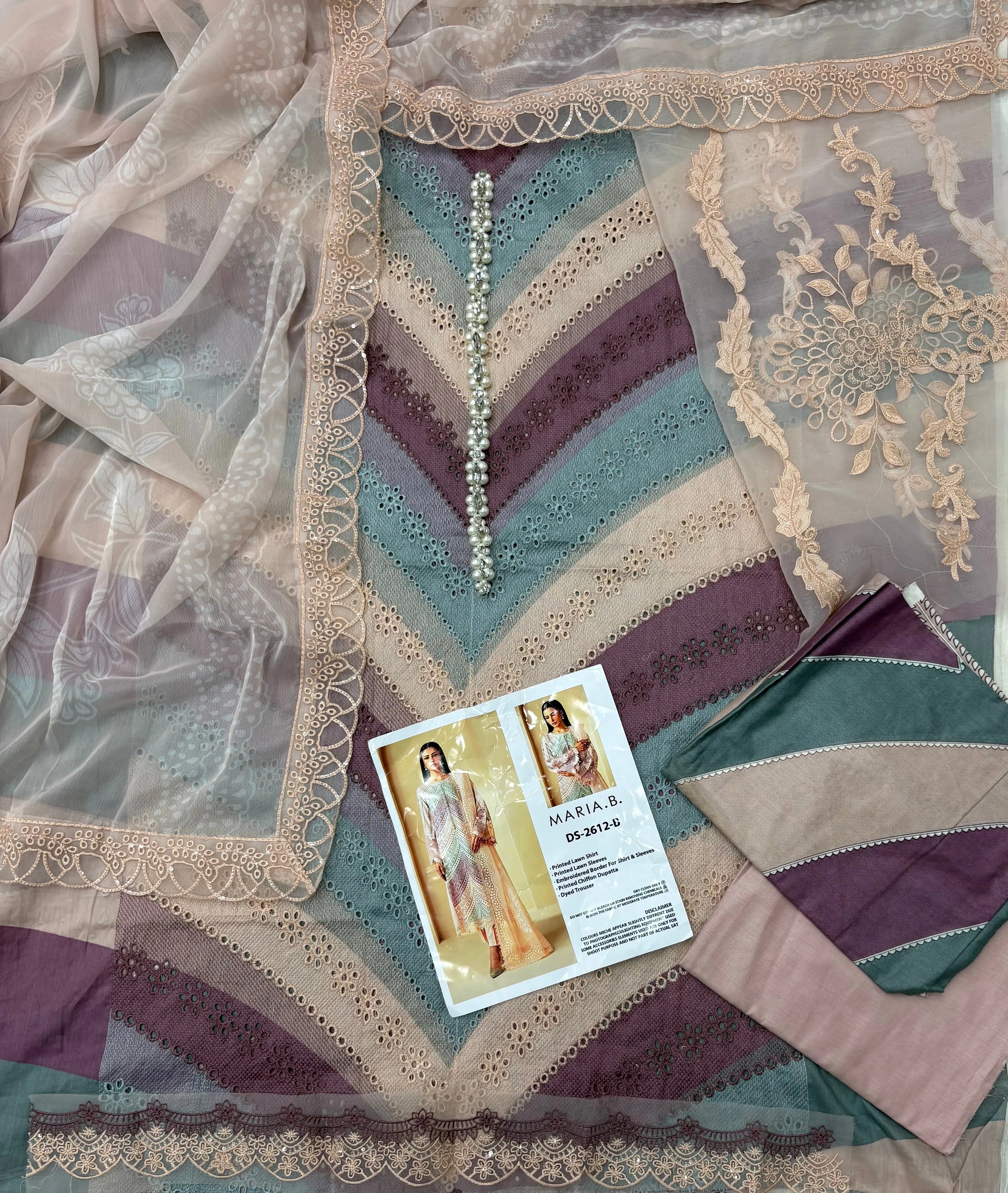 Maria B Inspired Luxury Lawn 3 Piece Suit – Pastel Chevron Embroidered Edition