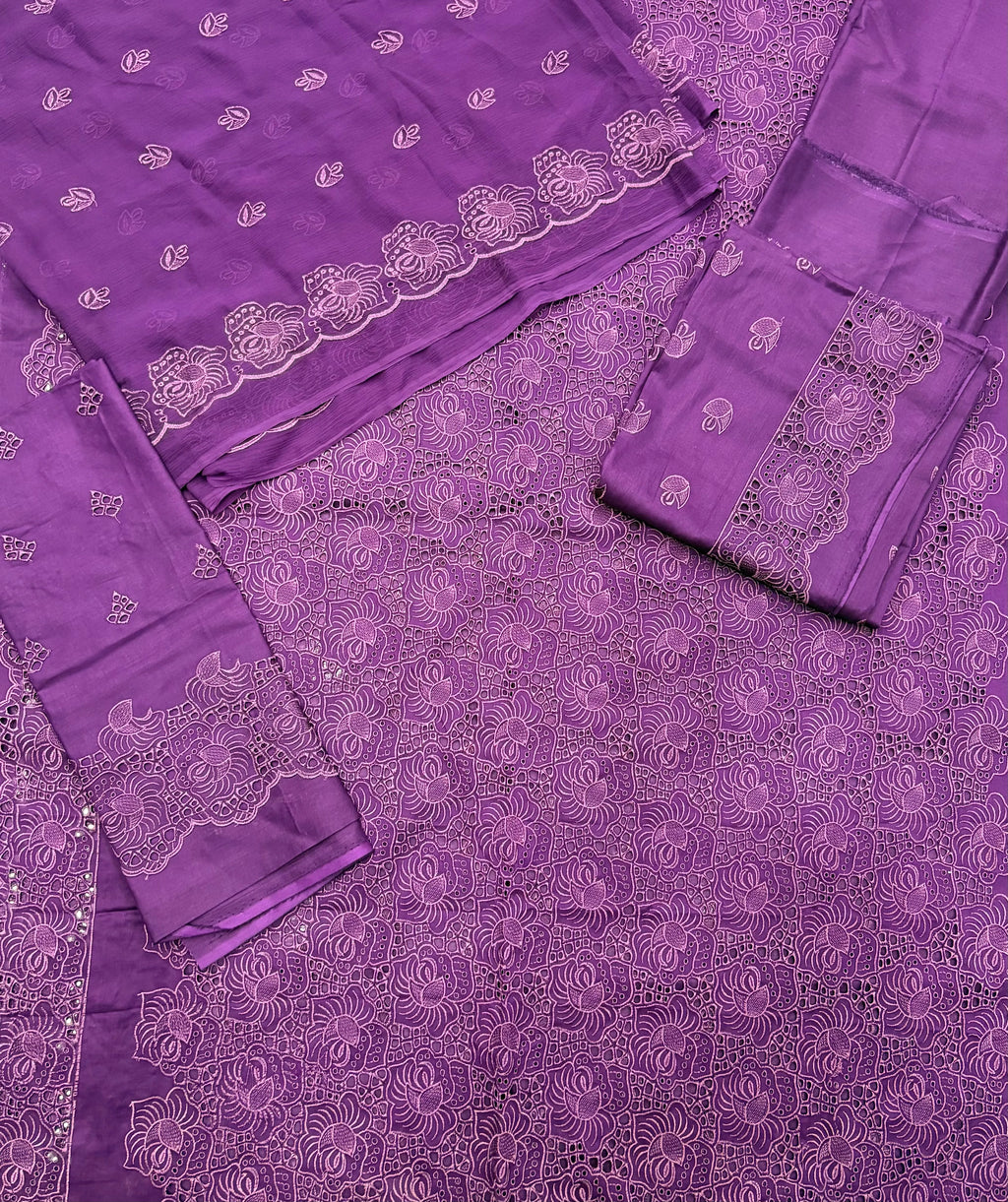 Qadri Arts Purple Chikankari & Schiffli Cutwork 3-Piece Suit