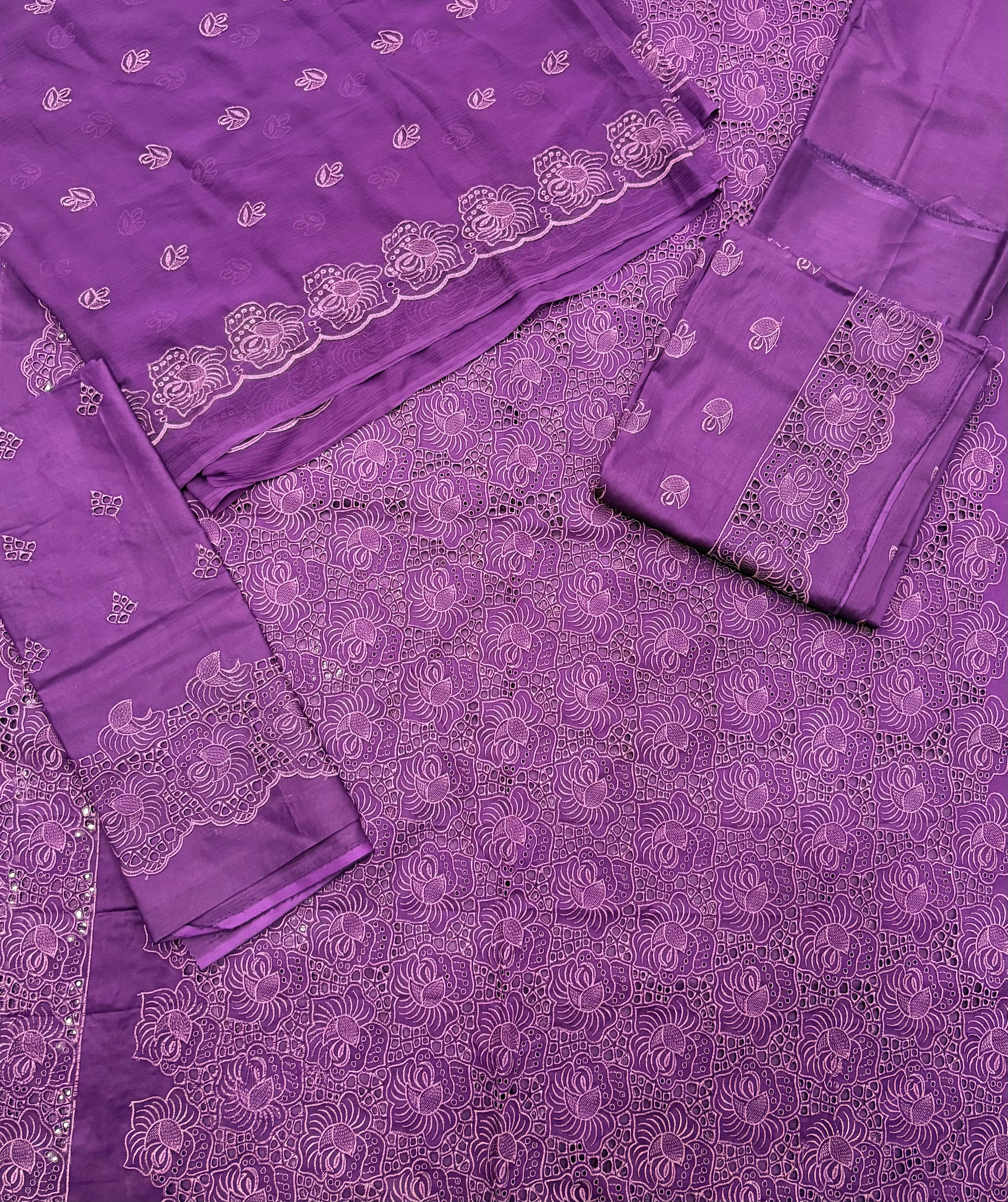 Qadri Arts Purple Chikankari & Schiffli Cutwork 3-Piece Suit