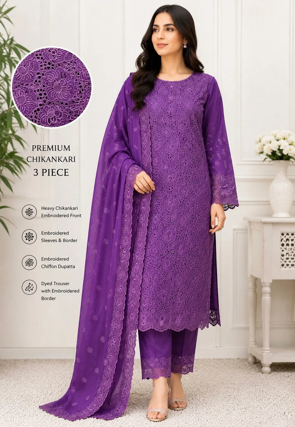 Qadri Arts Purple Chikankari & Schiffli Cutwork 3-Piece Suit