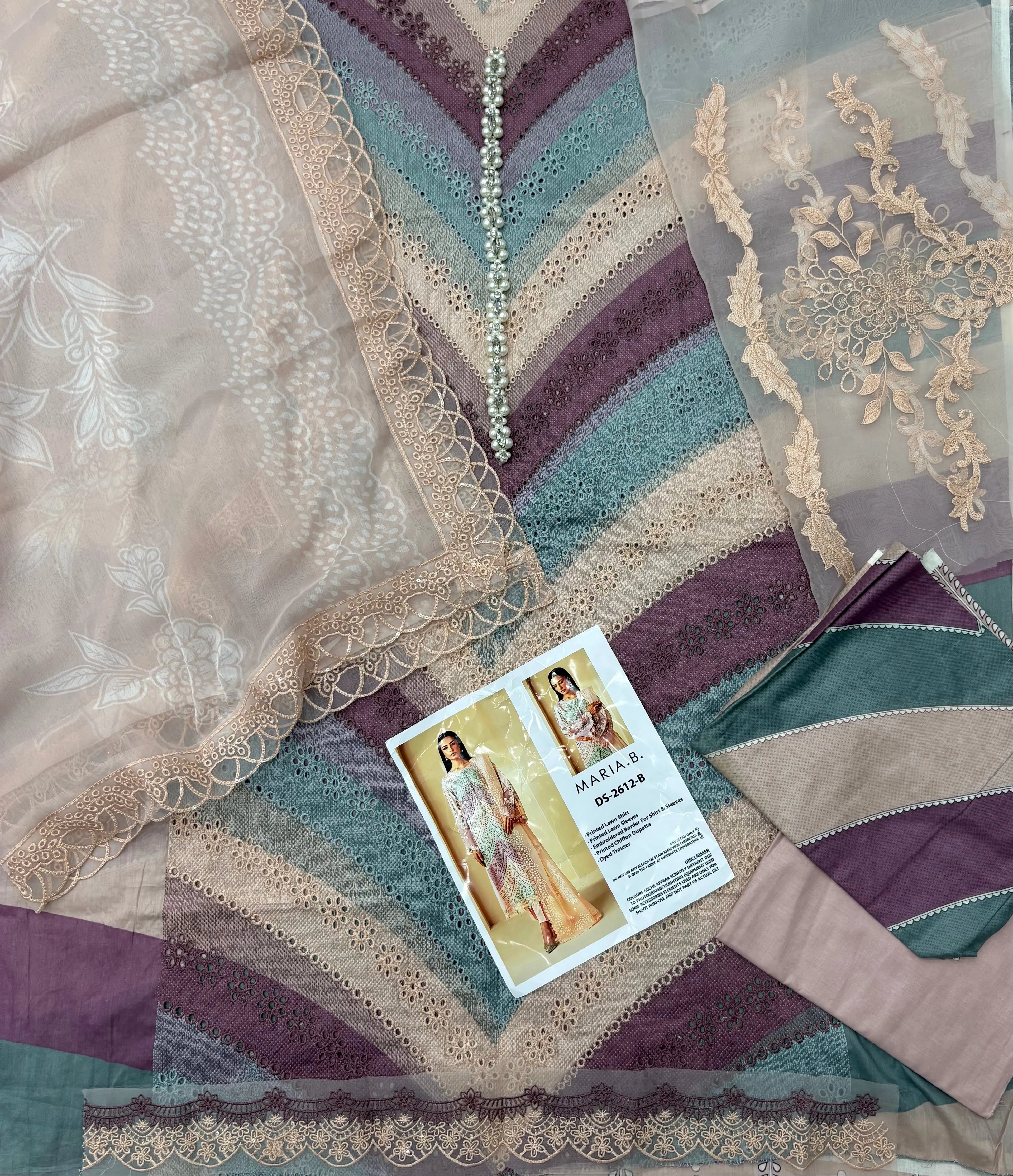 Maria B Inspired Luxury Lawn 3 Piece Suit – Pastel Chevron Embroidered Edition