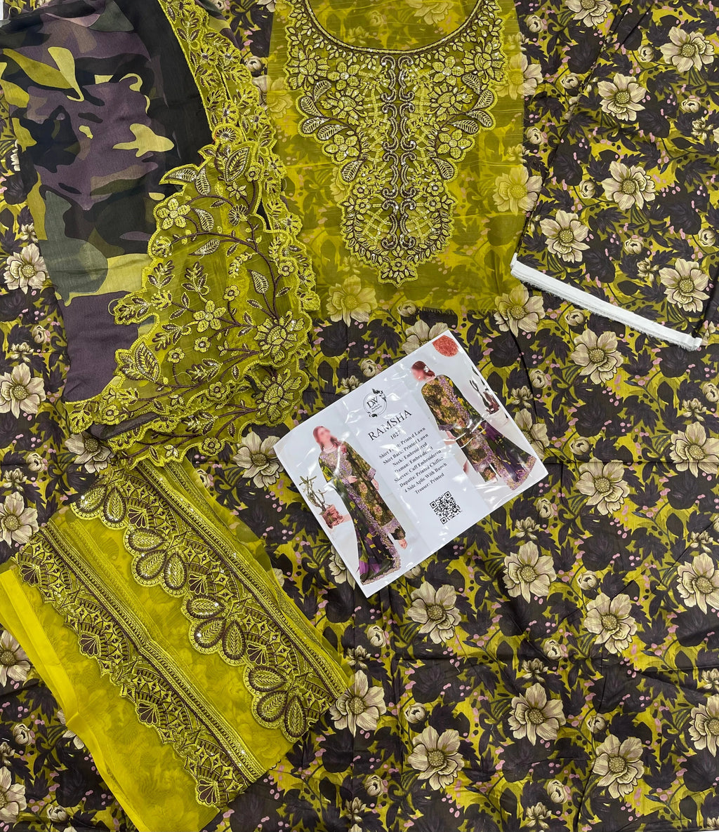 Ramsha – Olive Blossom Luxury Printed Lawn – 3PC
