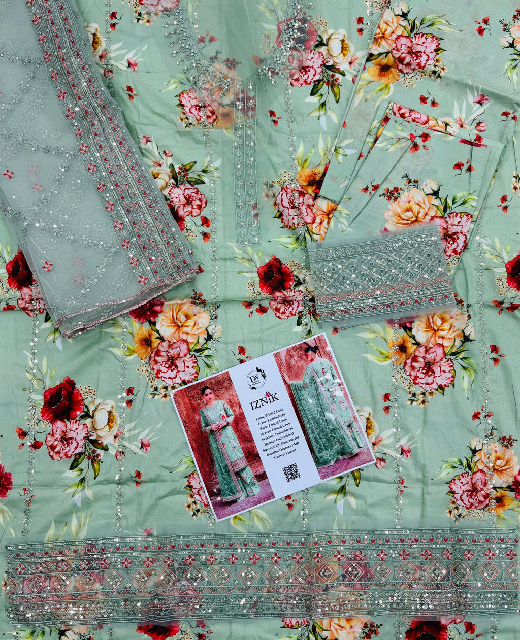 Iznik – Mint Serenity Floral Embroidered Lawn – 3PC