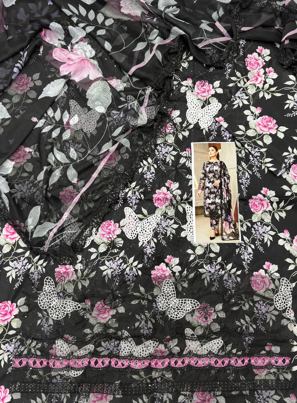Maria B – Noir Butterfly Blossom Printed Lawn 3PC