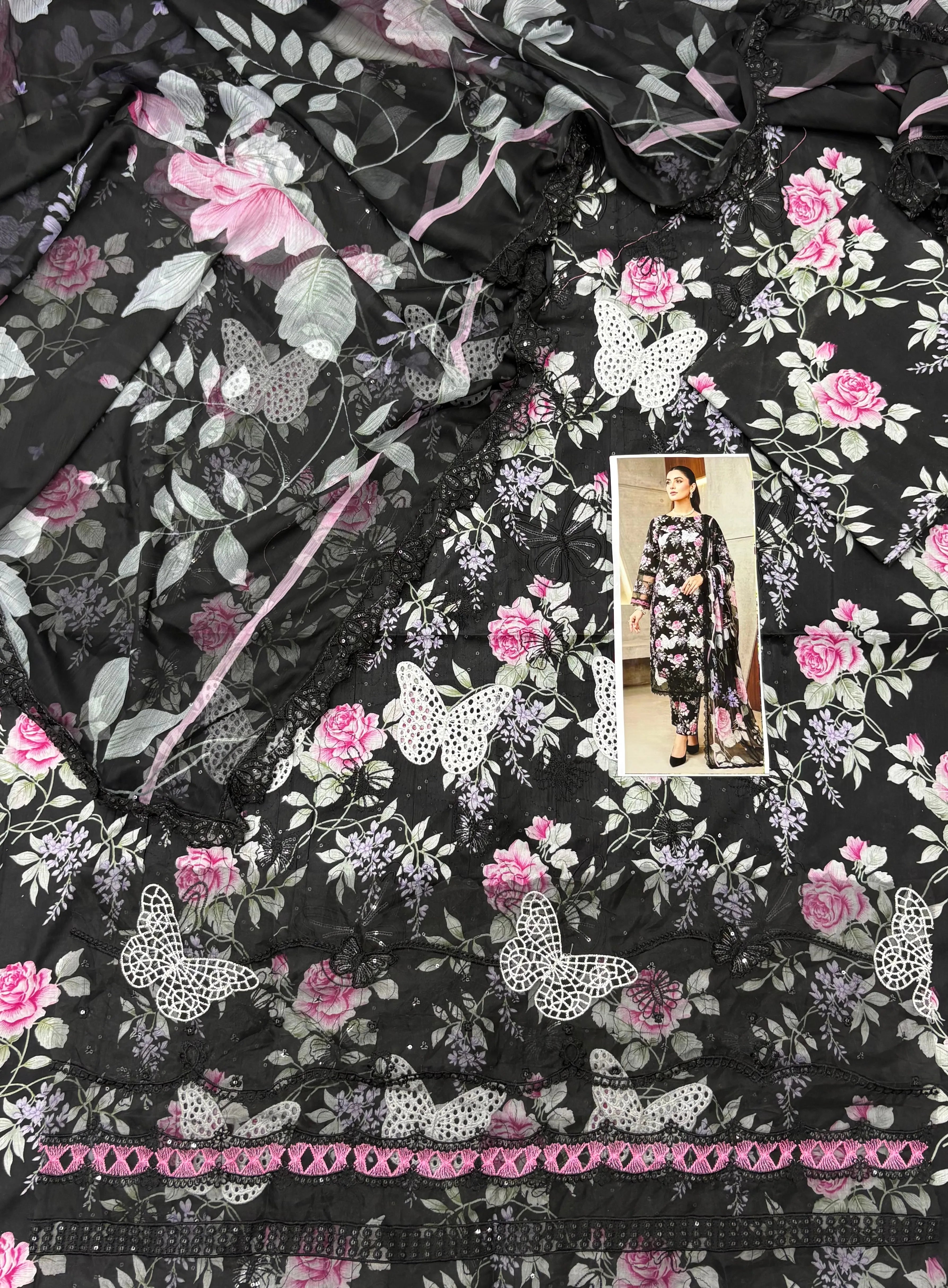 Maria B – Noir Butterfly Blossom Printed Lawn 3PC