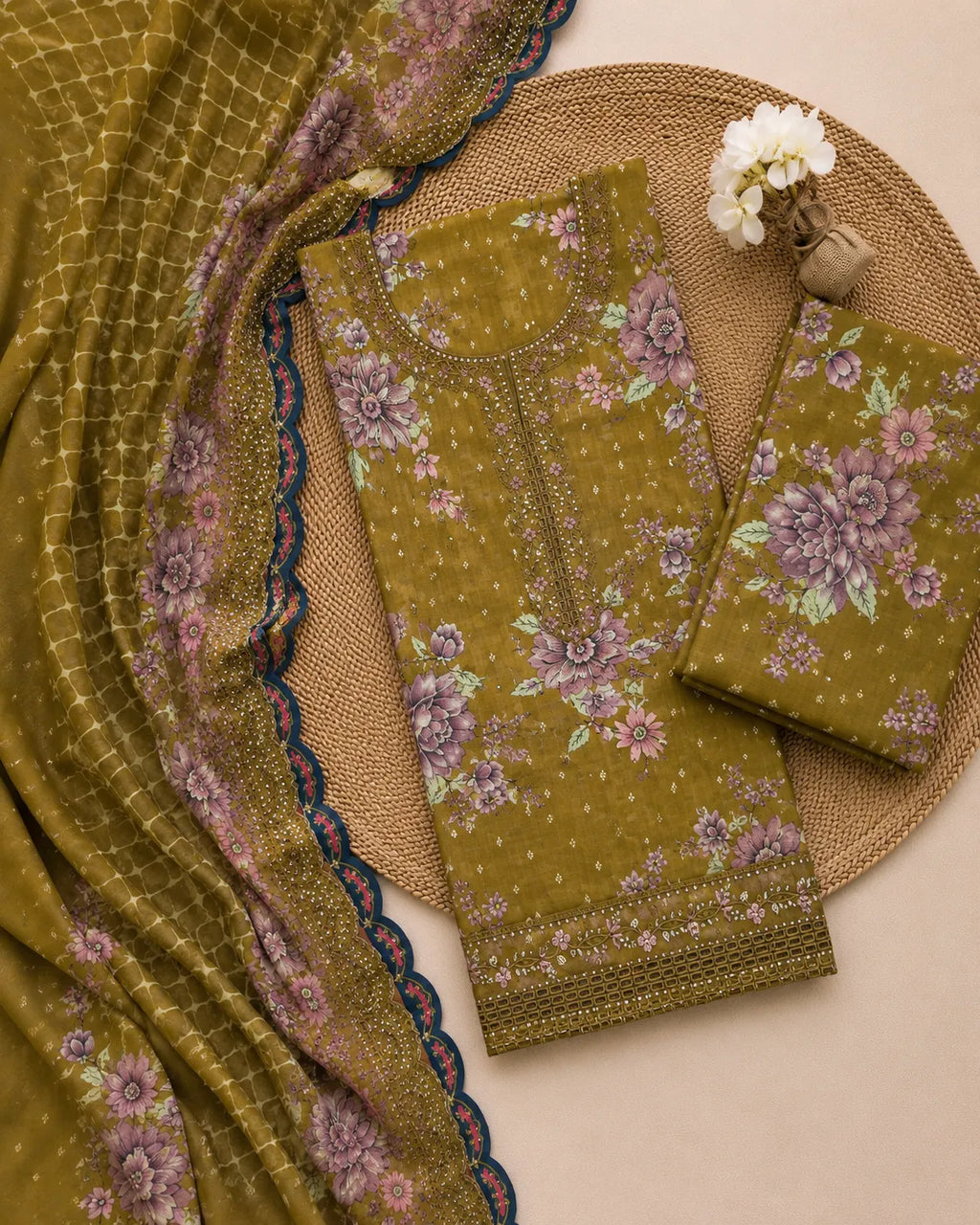 Baroque – Olive Blossom Embroidered Lawn – 3PC