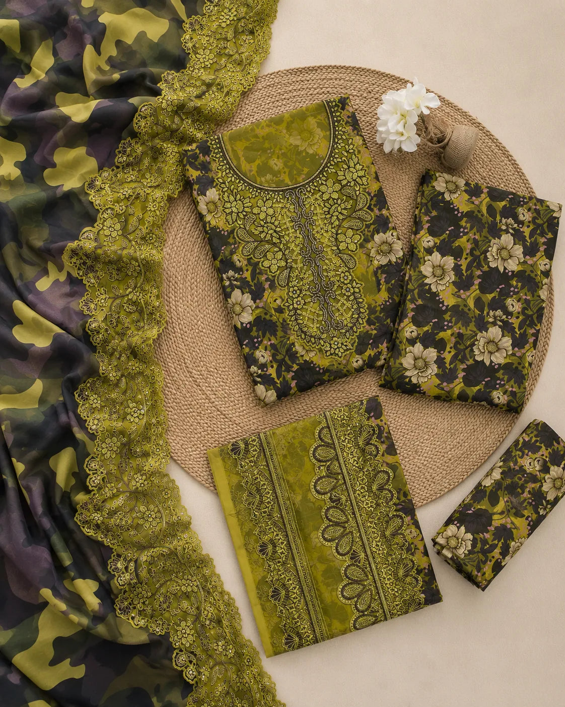 Ramsha – Olive Blossom Luxury Printed Lawn – 3PC