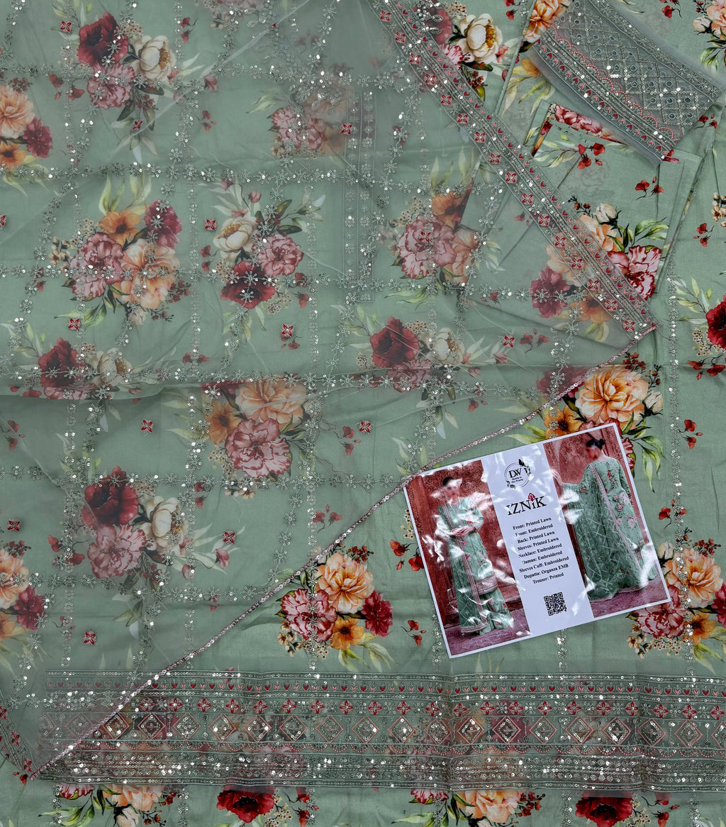 Iznik – Mint Serenity Floral Embroidered Lawn – 3PC